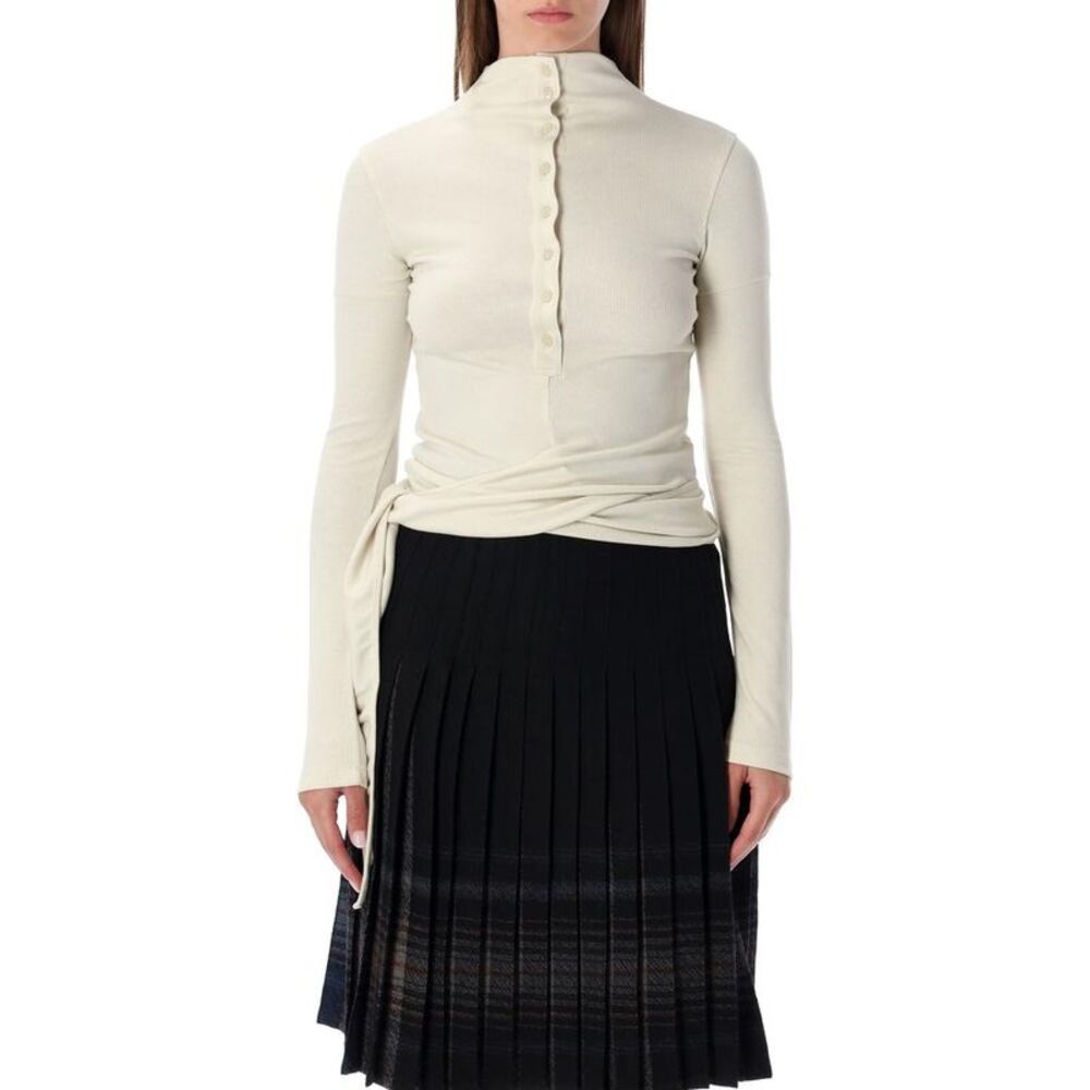 LOW CLASSIC Ribbed Knit High Neck Long Sleeve Top with Waist Wrap Detail Women